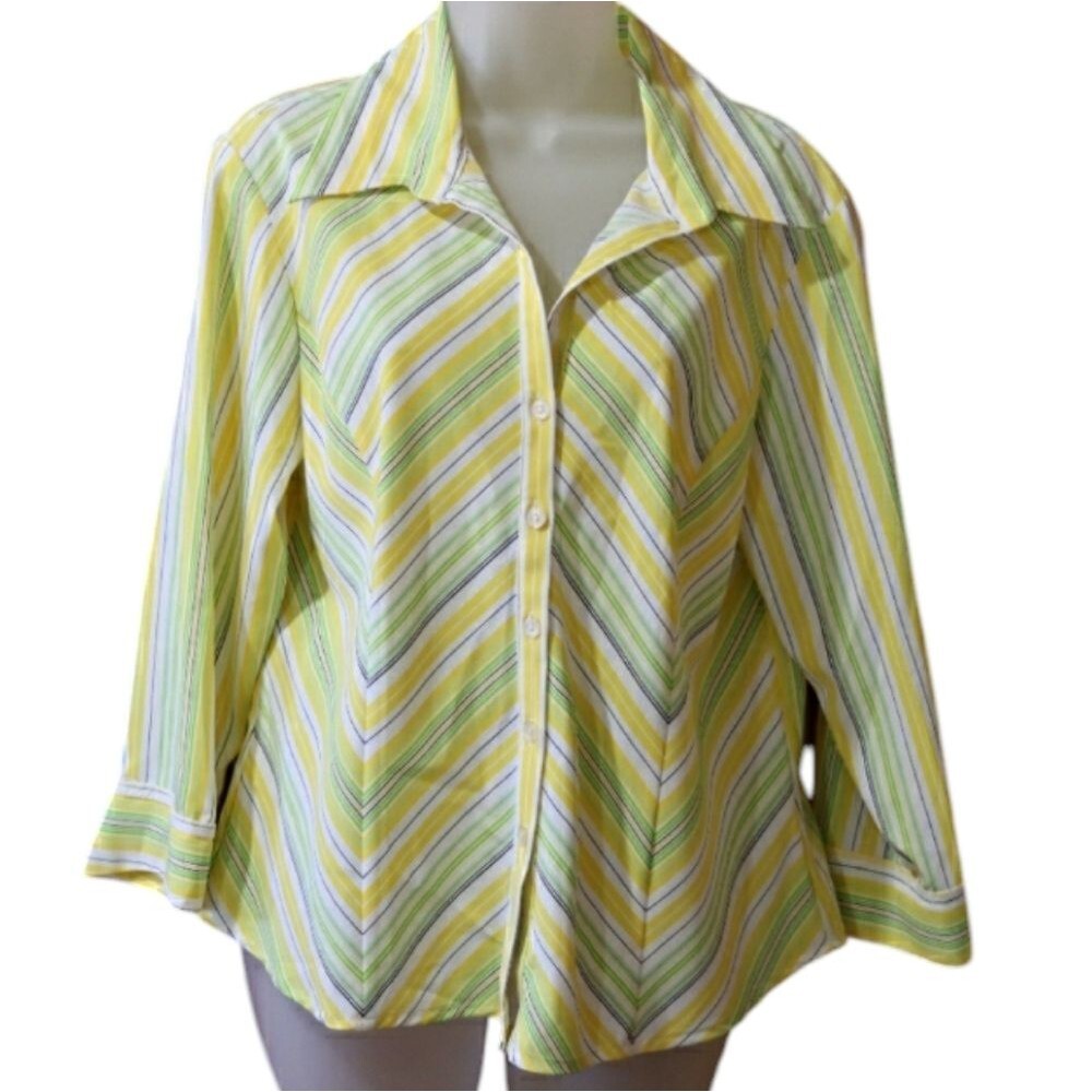 Ninety Vintage Chevron Striped Button-Up Blouse Yellow Green Size LG